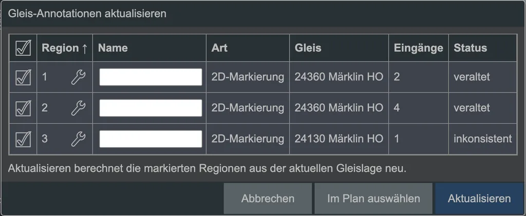 Der Dialog zum Aktualisieren der Gleis-Annotationen.