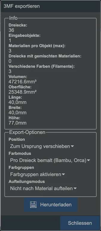 Der 3MF-Export-Dialog.