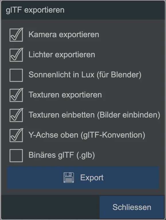 Der glTF-Export-Dialog.