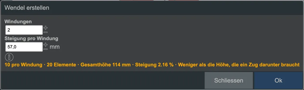 Der Dialog zum Erstellen einer Wendel.