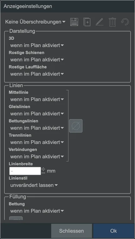 Die Einstellungen zur Gleisanzeige.
