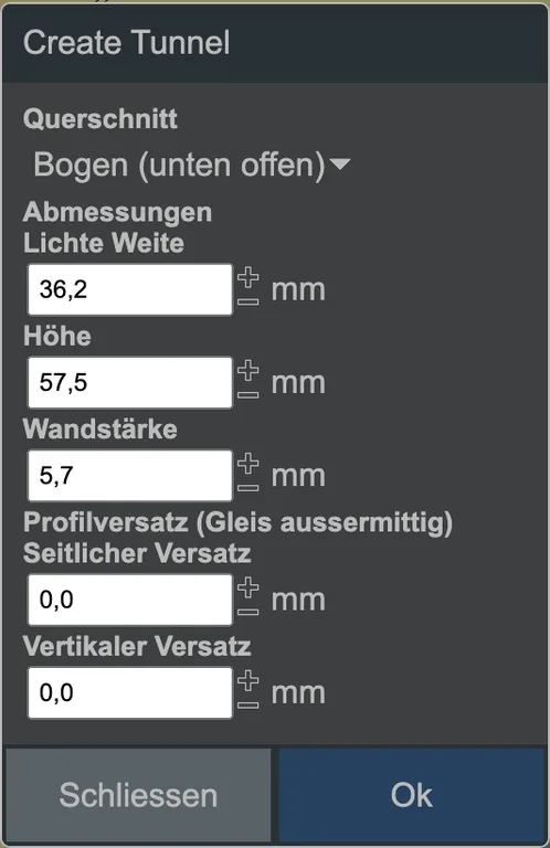 Der Dialog zum Erstellen eines Tunnels.