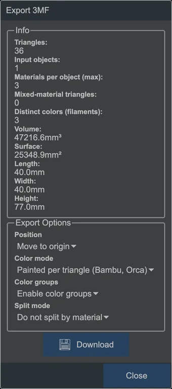 The 3MF export dialog.