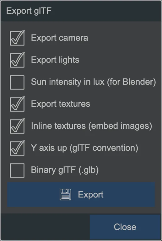 The glTF export dialog.