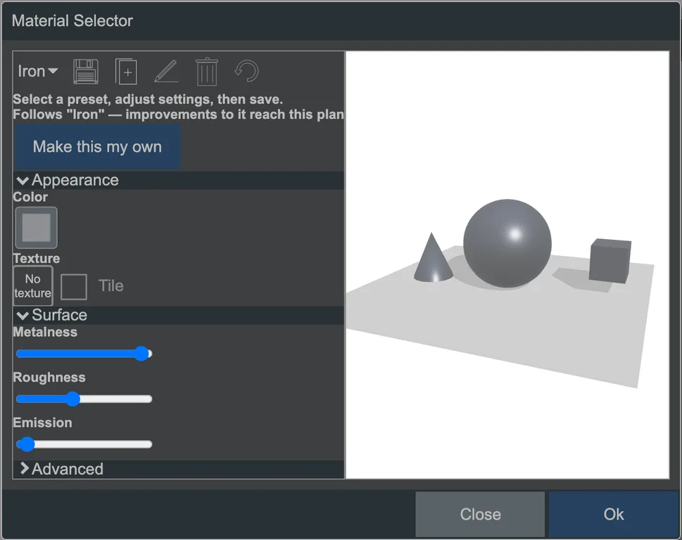 The material selector dialog.