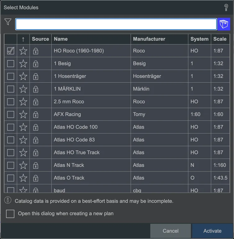 The module selection dialog.