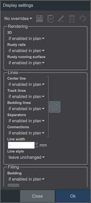 The rail display settings.