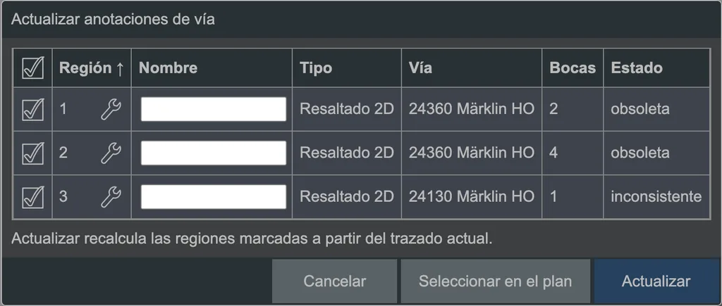 El diálogo para actualizar las anotaciones de vía.