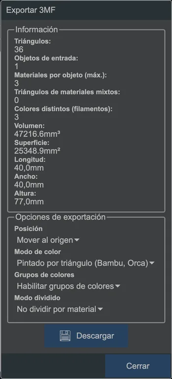 El cuadro de diálogo de exportación 3MF.