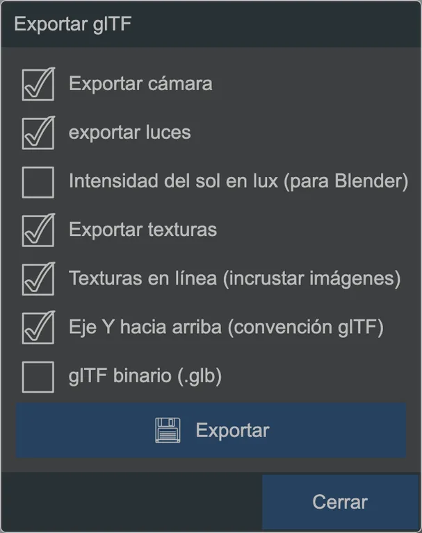 El cuadro de diálogo de exportación glTF.