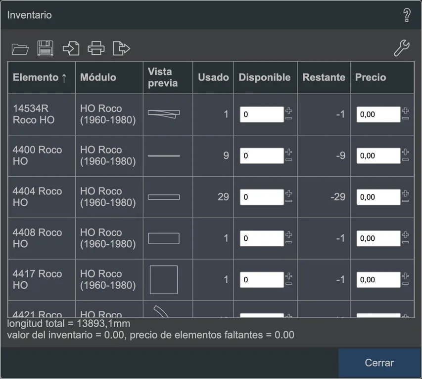 El cuadro de diálogo de inventario.