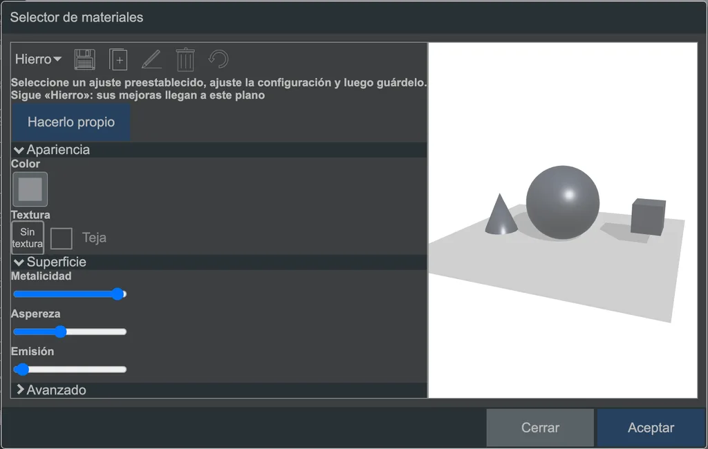 El cuadro de diálogo del selector de materiales.