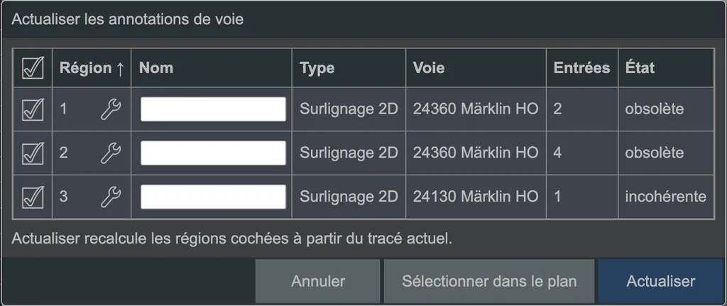 Le dialogue d'actualisation des annotations de voie.