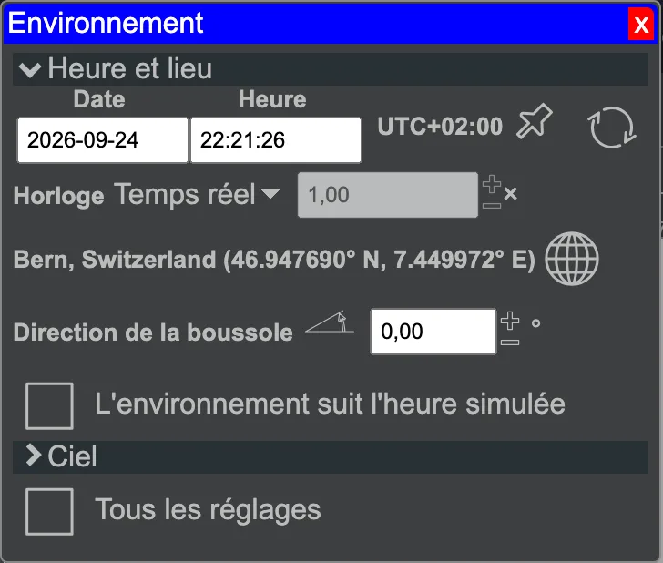 La fenêtre d'outil Environnement.
