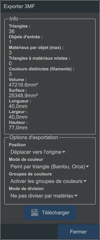 La boîte de dialogue d'export 3MF.