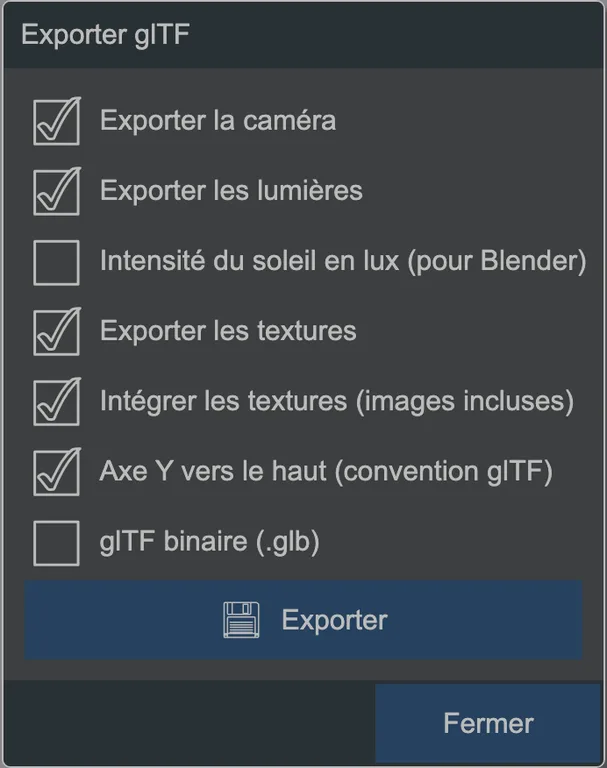 La boîte de dialogue d'export glTF.