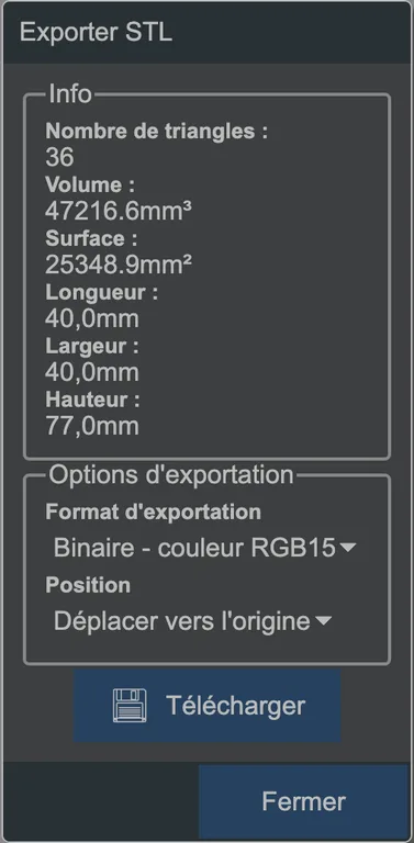 La boîte de dialogue d'export STL.