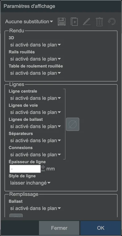 Les réglages d'affichage de la voie.