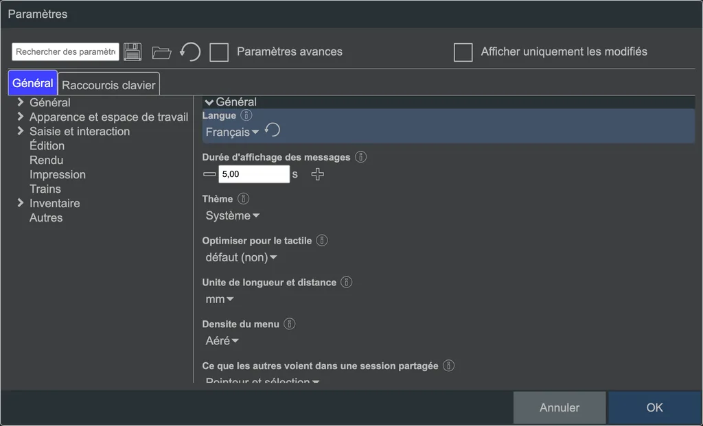 La boîte de dialogue Paramètres.