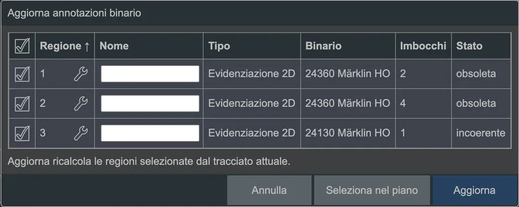 La finestra di dialogo per aggiornare le annotazioni binario.