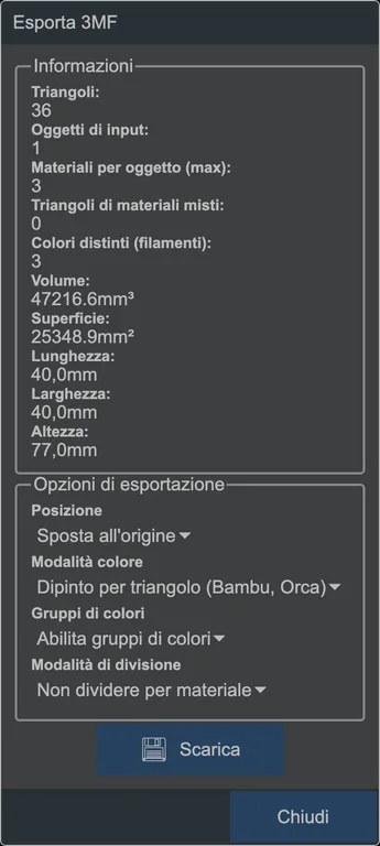 La finestra di esportazione 3MF.
