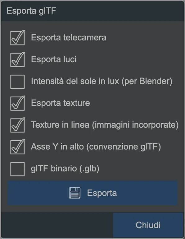 La finestra di esportazione glTF.