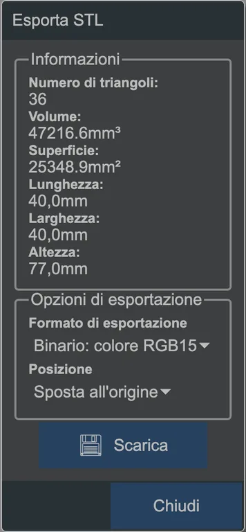 La finestra di esportazione STL.