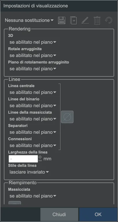 Le impostazioni della visualizzazione dei binari.